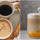 Left: pumpkin foam in two mugs of coffee. Right: a pumpkin latte with pumpkin puree.